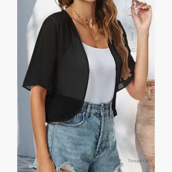 Chiffon Shrug Cardigan Short Sleeve Open Front Bolero for Evening Dressy - Picture 4 of 7